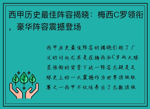 西甲历史最佳阵容揭晓：梅西C罗领衔，豪华阵容震撼登场