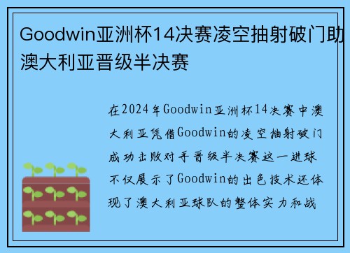 Goodwin亚洲杯14决赛凌空抽射破门助澳大利亚晋级半决赛
