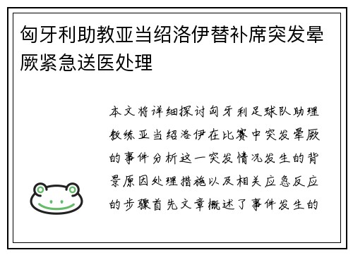 匈牙利助教亚当绍洛伊替补席突发晕厥紧急送医处理